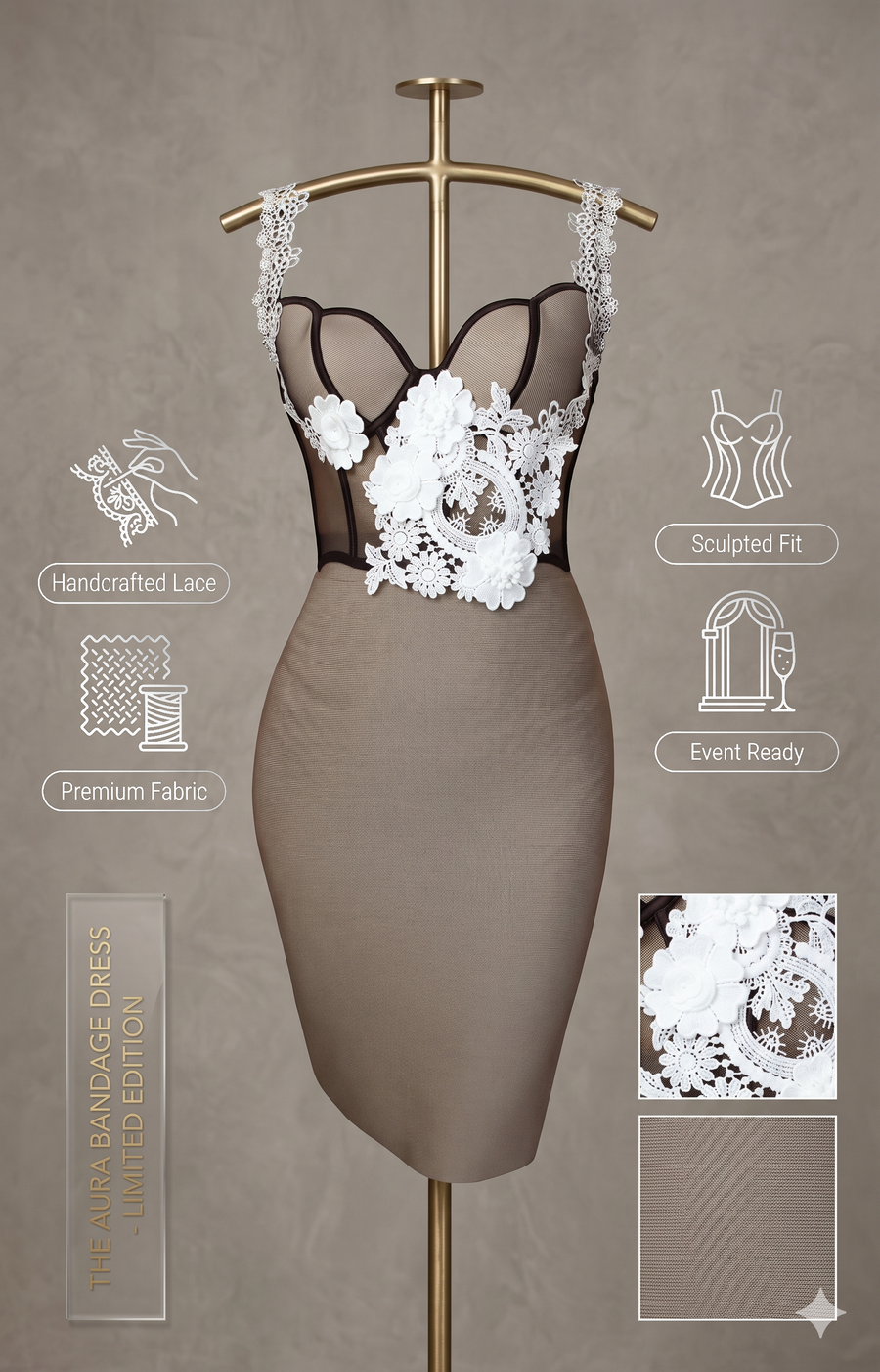 Sculptural Lace Corset & Skirt Set - Hand-Appliquéd Florals
