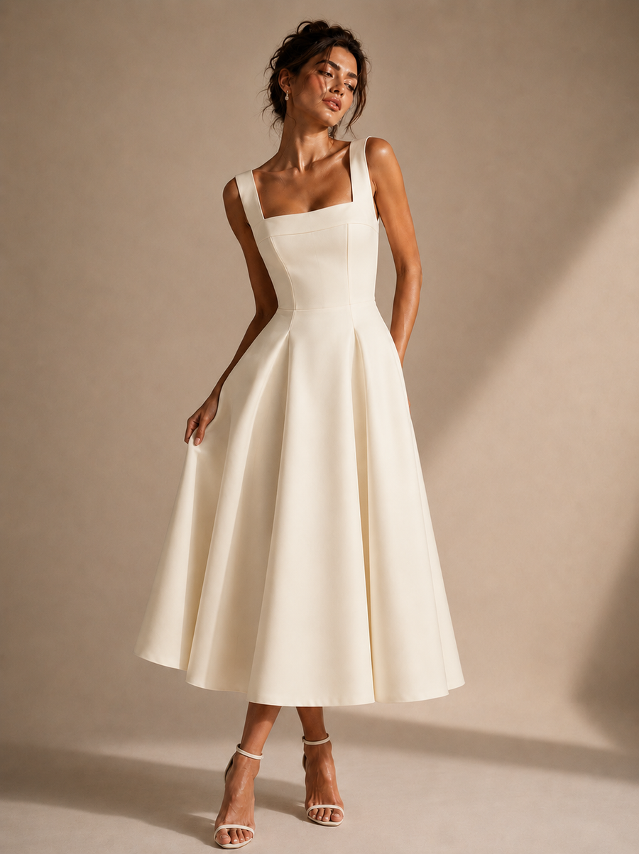 Ivory Sculpted Midi Dress - Architectural Elegance in Motion