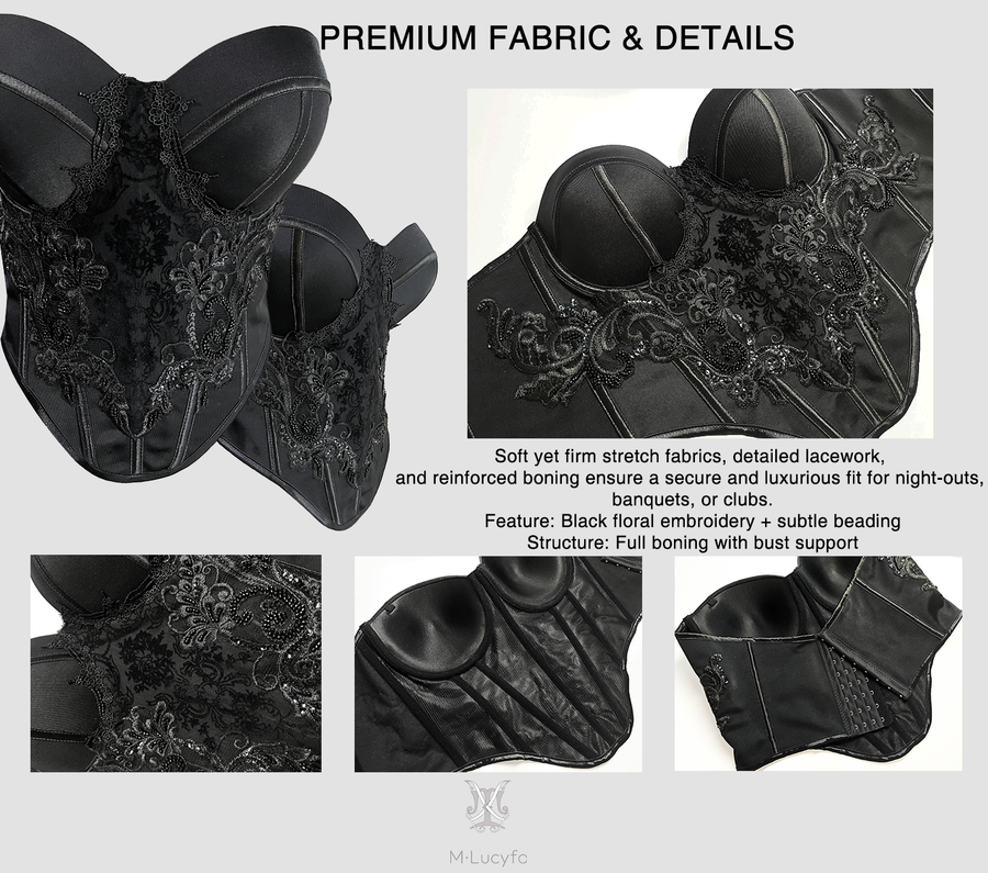 LALLORA Sculpting Black Corset Top – Hand-Beaded Satin Bustier