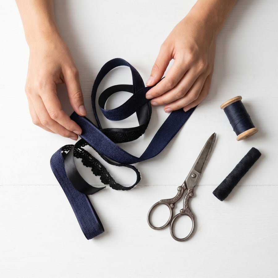 Elegant Silver Navy & Black Ribbon Trio Set – Luxury Woven Satin & Lace Decorative Ribbon Bundle