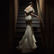 Ivory Sculpted Satin Mermaid Elegant Evening Dress - Off-Shoulder Formal Occasion Gown