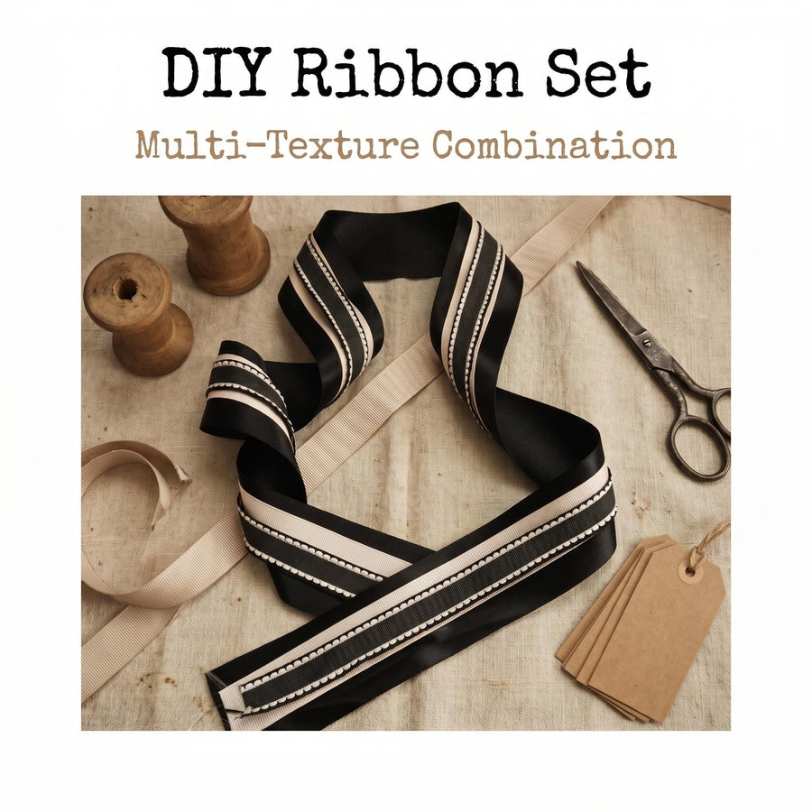 Elegant Black & Blush Pink Ribbon Trio Set – Luxury Satin, Grosgrain & Lace Decorative Ribbon Bundle