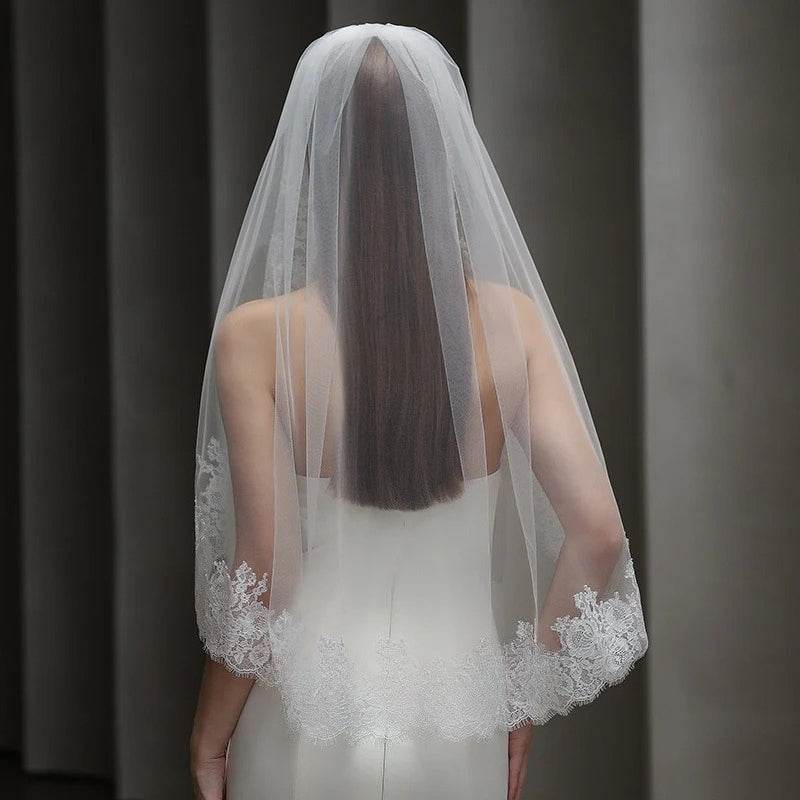 Elegant French Lace Court Bridal Veil in soft minimalist tulle for weddings and photoshoots