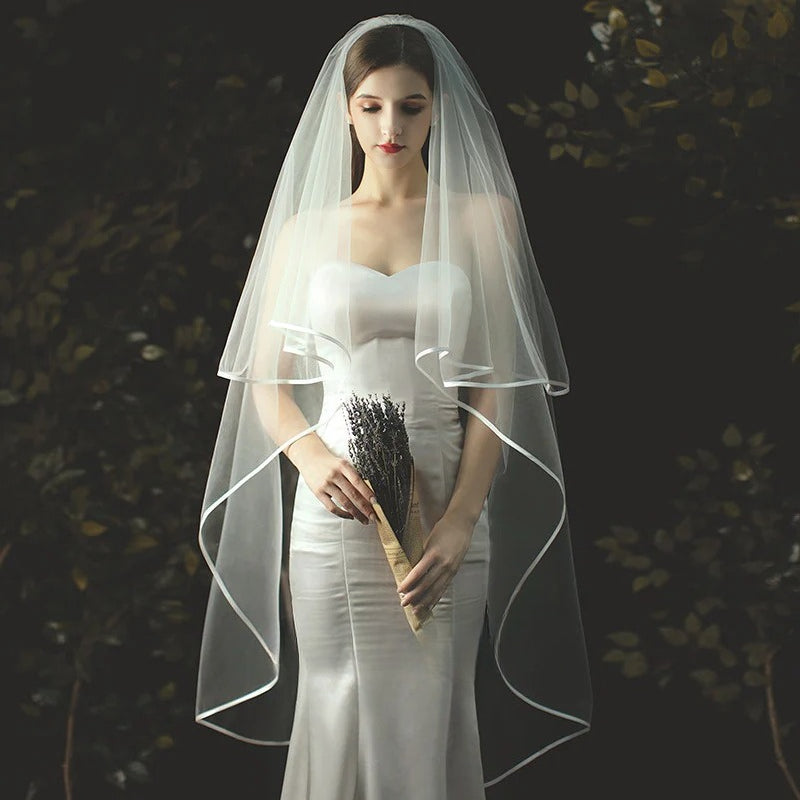 Two-layer pearl beaded bridal veil with Korean style metal hair comb on soft chiffon tulle