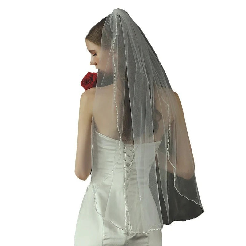Milky white lace mesh bridal veil mid-length sheer wedding headwear