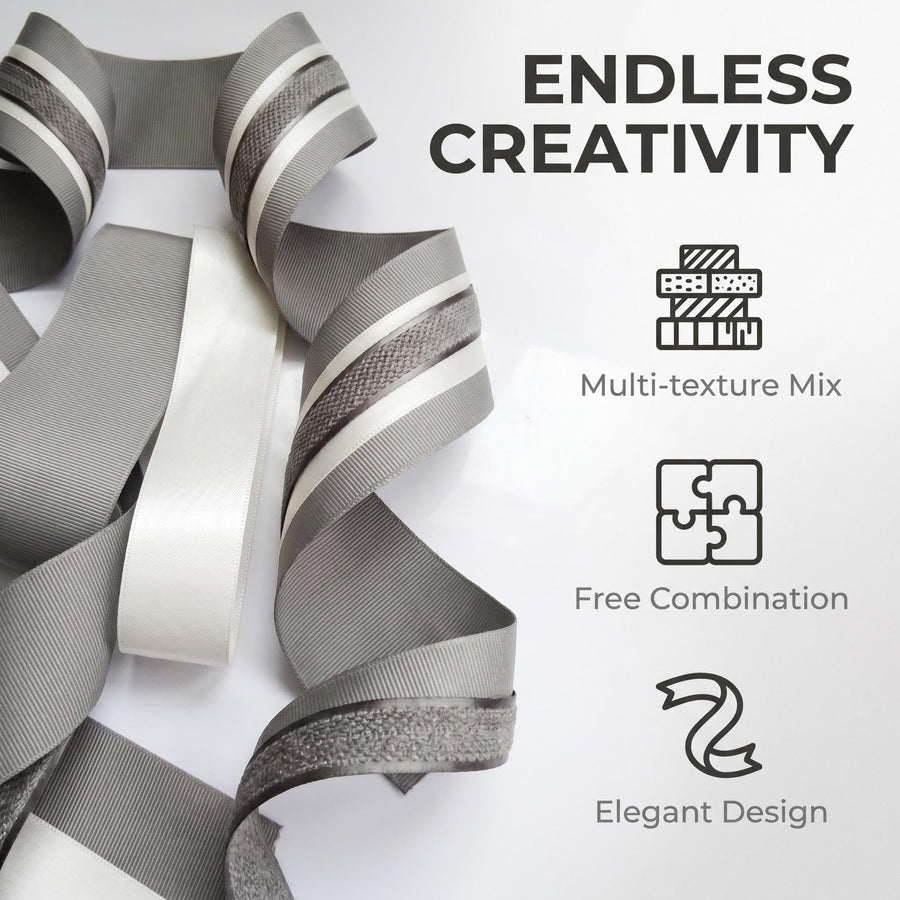 Elegant Grey & Cream Ribbon Trio Set – Luxury Grosgrain, Satin & Woven Decorative Ribbon Bundle for Fashion & Gift Styling