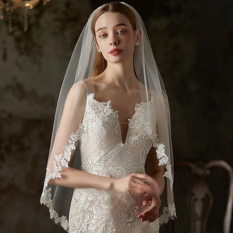 Single-Layer Lace Flower Hair Comb Bridal Veil - 90cm Elegant Plain Tulle Wedding Veil
