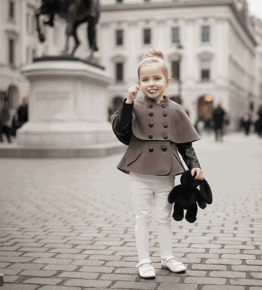 Girls black wool cape coat in baby doll style for winter ages 4 to 7 years