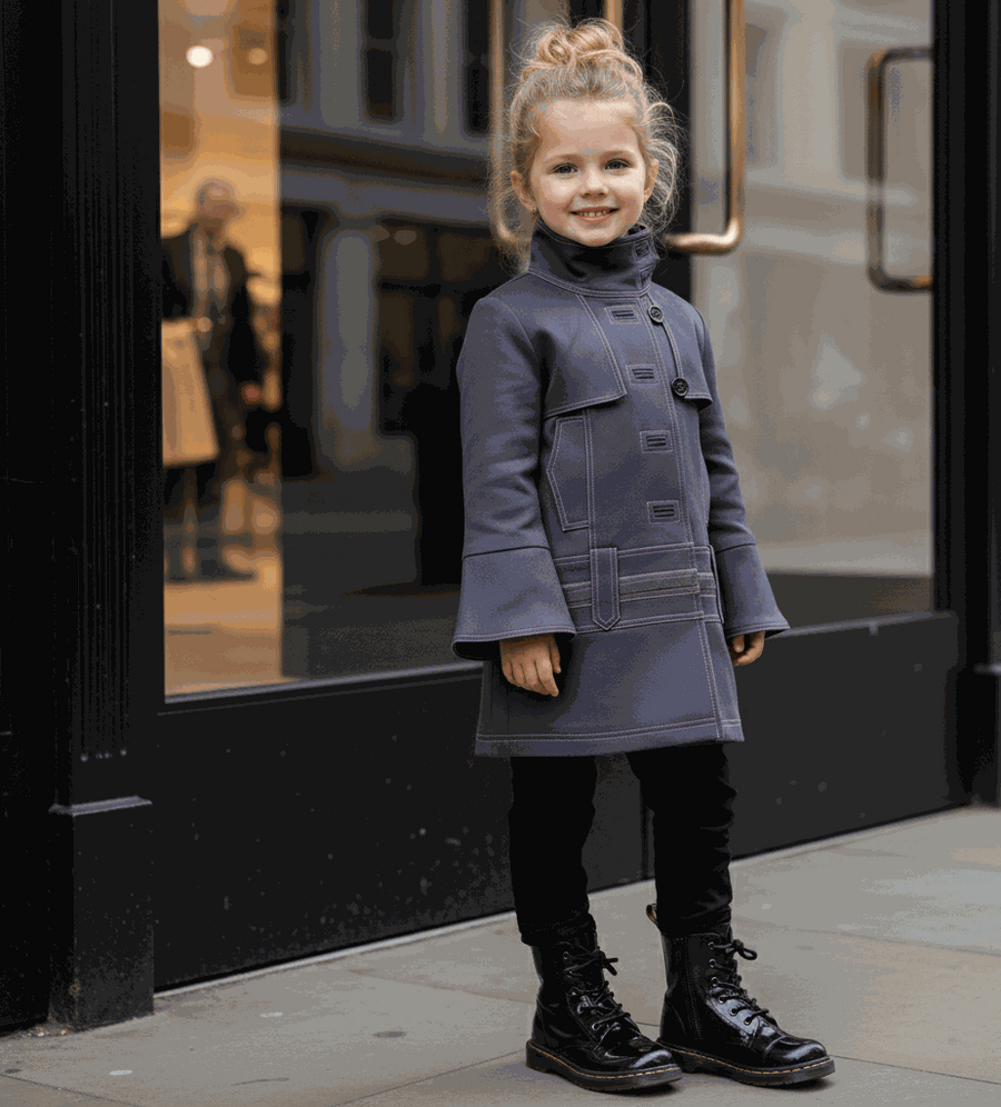 Girl wearing high-neck double-breasted autumn winter coat for ages 3-10 in blue cotton and gray wool blend options