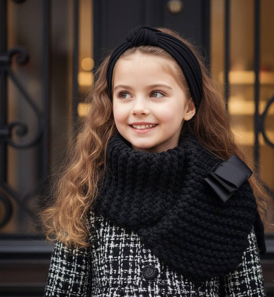Girls wearing elegant red cashmere long coat with black bow, autumn winter fashion for ages 3-5 years