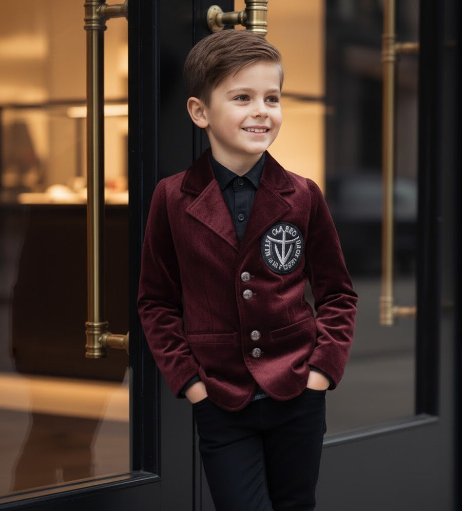Boys Velvet Blazer Wine Red – Slim Fit Page Boy Jacket for Wedding, Party & Formal Occasions (Ages 3–7)