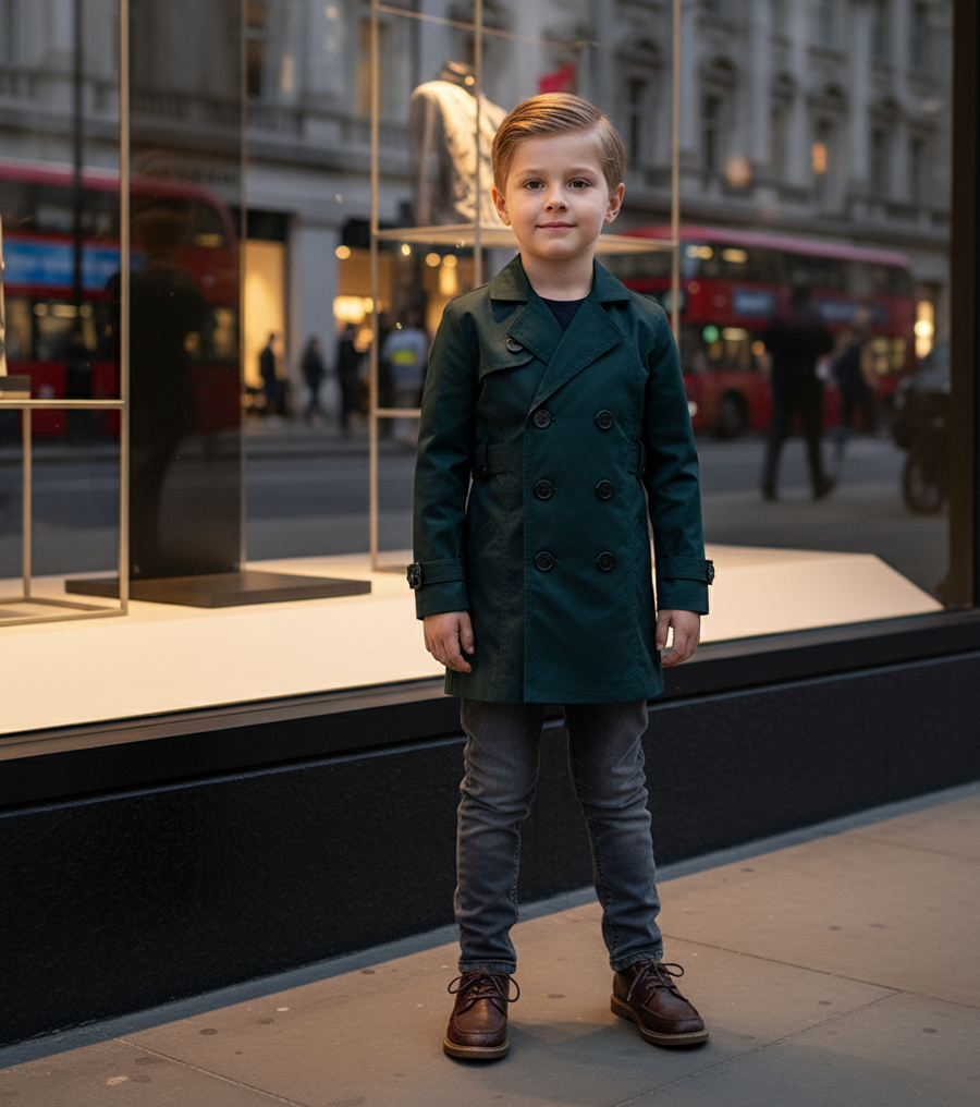 Kids Double Breasted Trench Coat in dark teal cotton, with a collared lapel, double rows of buttons and matching belt.