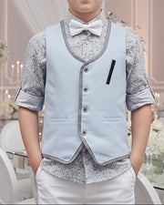 Boys light blue cotton waistcoat for ages 3-7, featuring vintage-inspired design and soft fabric.
