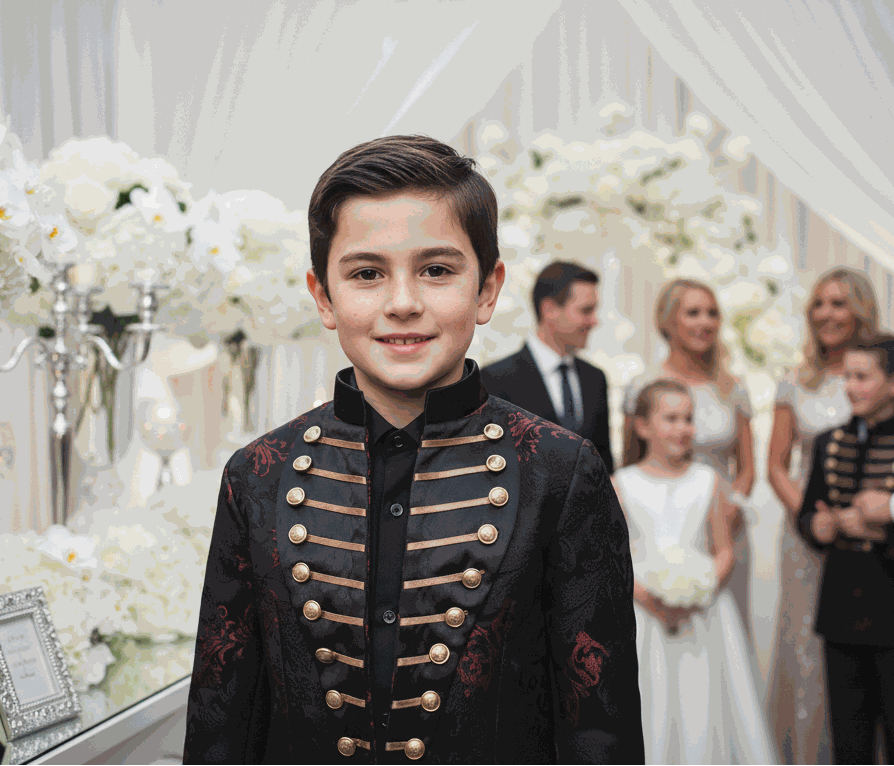 Luxury boys embroidered tuxedo blazer in velvet with shawl lapel for weddings and formal events ages 4-14