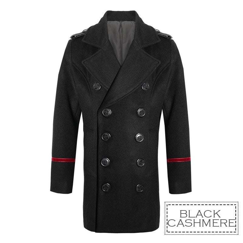 Boy wearing a military style wool jacket with double-breasted buttons and structured shoulders, smart cashmere look coat for kids aged 3–9 years