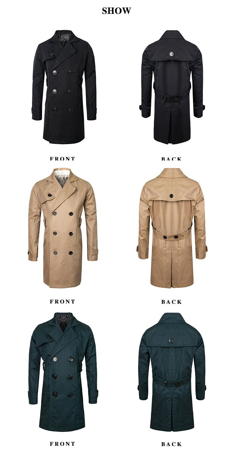 Kids Double Breasted Trench Coat in black, tan, and dark teal cotton, with double-breasted buttons, lapels, and waist belts.