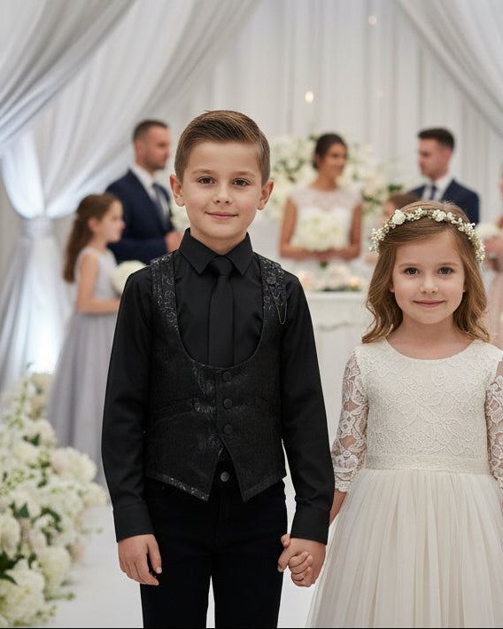 Boys black brocade waistcoat with tailored fit and V-neck for formal occasions