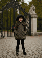 Girls' long padded winter coat with detachable faux fur hood for ages 2-7 years