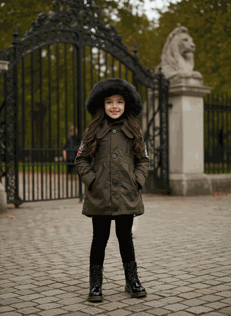 Girls' long padded winter coat with detachable faux fur hood for ages 2-7 years