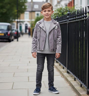 Boys' velvet jacket in light grey and green, stylish fall/winter casual wear for ages 3-9 years