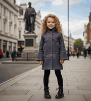 Girls high-neck autumn winter coat in blue cotton blend and light gray wool blend for ages 3 to 10.