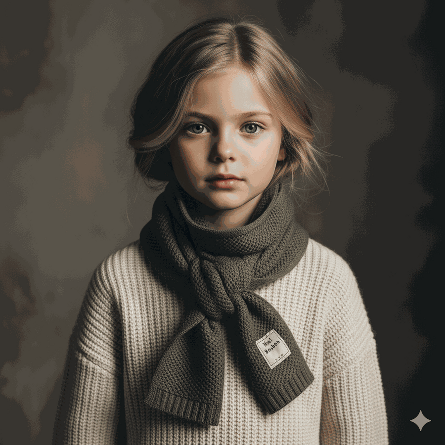 Kids wearing soft, thick knitted winter scarves for boys and girls aged 3-14 years