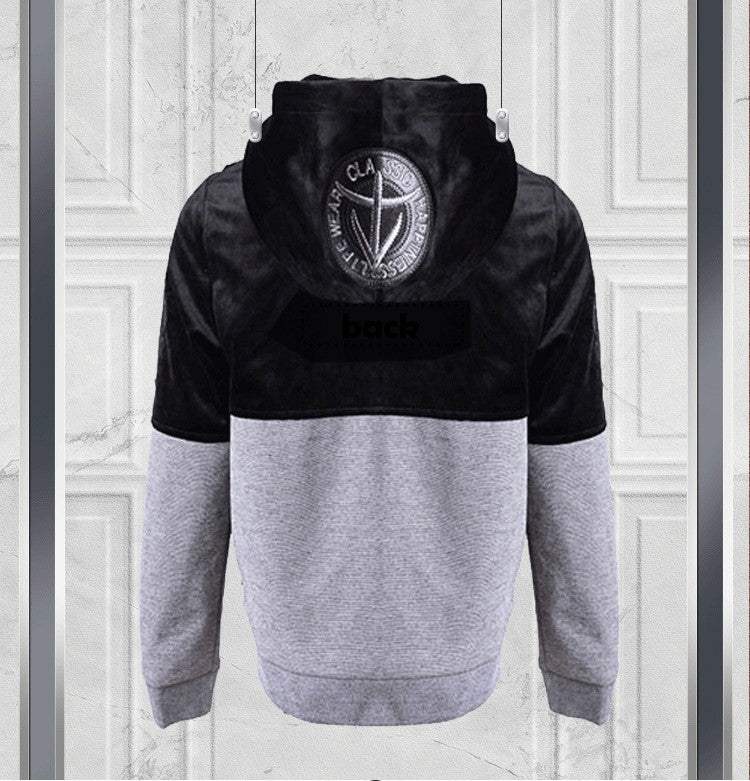 Black boys zip-up hoodie with splicing color-block design for ages 3-9