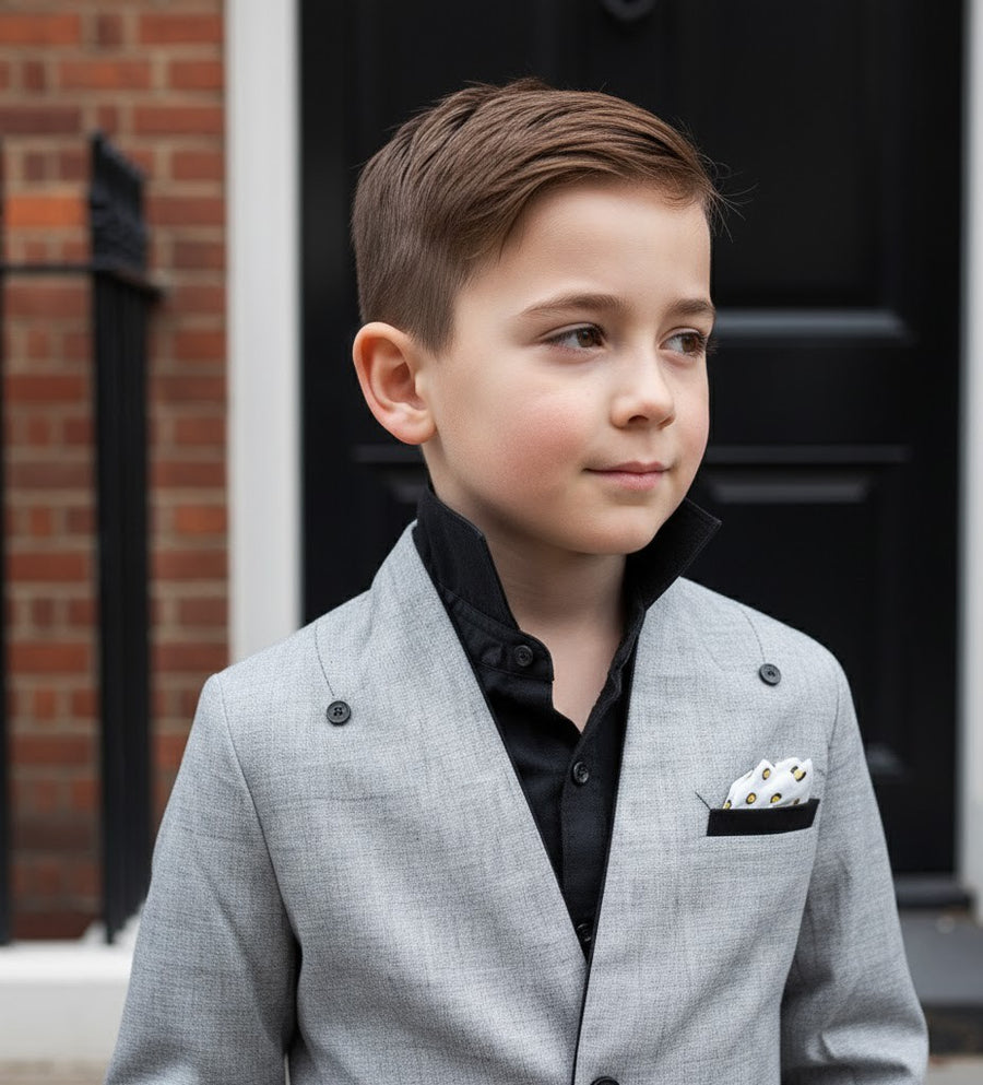 Grey V-Neck Blazer for Boys – A Refined Jacket for Ceremonies & Everyday Elegance (Ages 3–9)