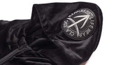 Boy wearing black boys zip-up hoodie with splicing design and hooded casual jacket sweatshirt