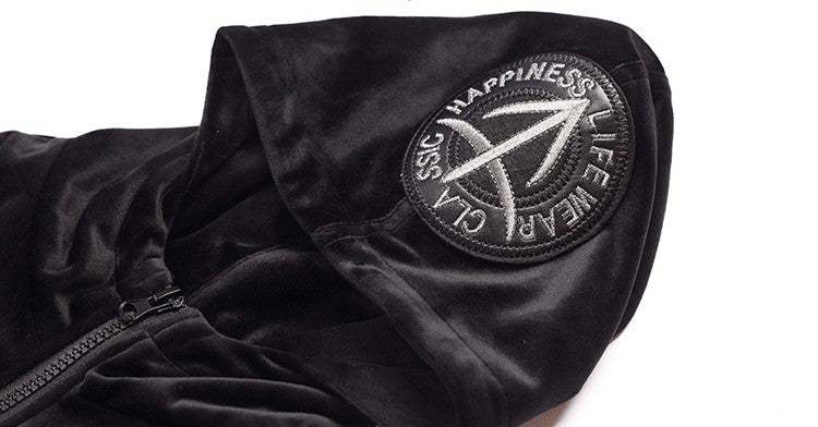 Boy wearing black boys zip-up hoodie with splicing design and hooded casual jacket sweatshirt