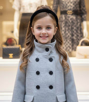 Girls woolen coat with vintage lace, flared design, and button-up front for ages 2-5 years in grey