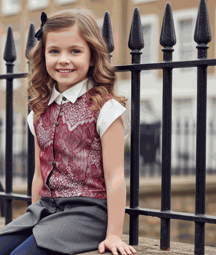 Young girl wearing a long sleeveless vintage lace vest cardigan perfect for layering and special occasions