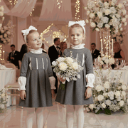 Girls vintage A-line flower girl dress in floral and grey wool blend for weddings and autumn events