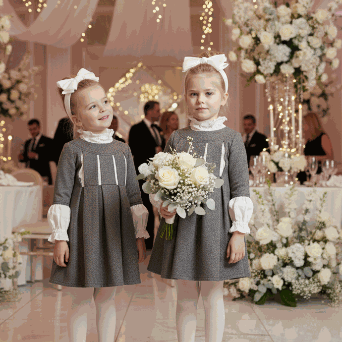 Girls vintage A-line flower girl dress in floral and grey wool blend for weddings and autumn events