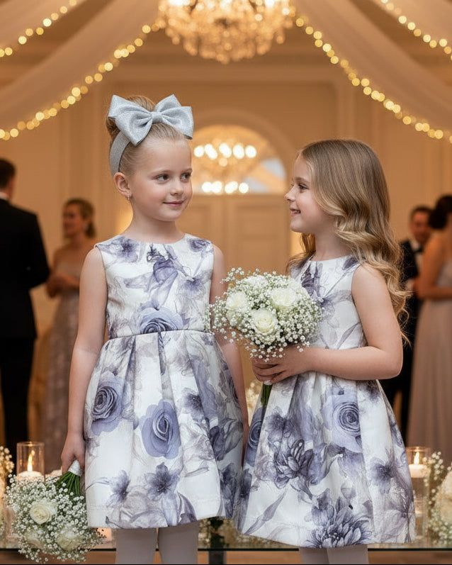 Girl wearing smoke grey floral sleeveless A-line vintage flower girl dress with elegant bow at waist.