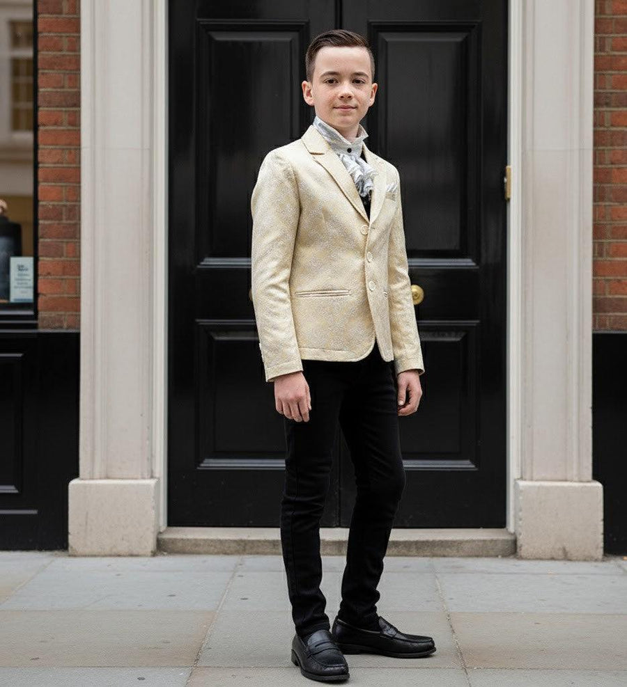 Boys gold jacquard blazer tailored slim-fit formal jacket for ages 8-12 at weddings and parties
