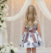 Girls smoke grey floral sleeveless vintage flower girl dress with elegant bow for weddings and special occasions