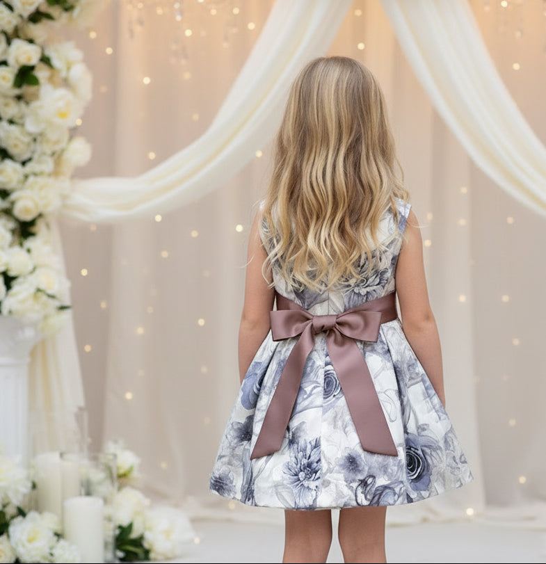 Girls smoke grey floral sleeveless vintage flower girl dress with elegant bow for weddings and special occasions