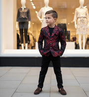 Luxury Boys Brocade Blazer – Black & Wine Red Floral Page Boy Jacket for Wedding & Formal Occasions (Ages 4–12)