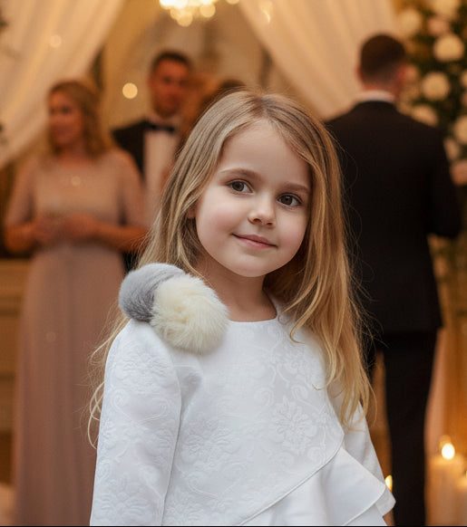 white vintage flower girl dress with jacquard satin bodice and layered tulle skirt for weddings and special occasions