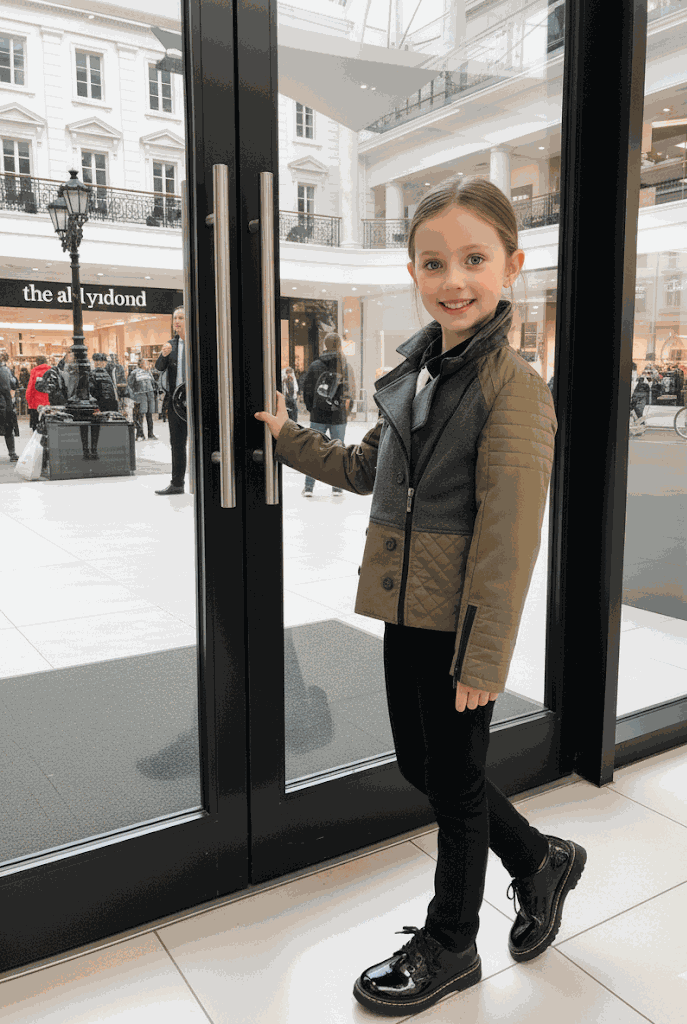 Girls short trench coat in deep green and dark gray with color block design for autumn winter ages 4-12
