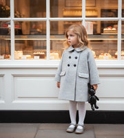 Girls woolen coat with vintage lace, grey doll-style jacket for ages 2-5 years