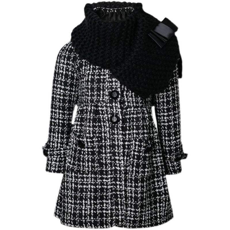 Girls' red cashmere long coat with black bow detail for ages 3-5 years, elegant autumn winter wear