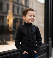 Boys black cotton shirt with vintage prince collar and long sleeves for formal and smart casual wear ages 3-5