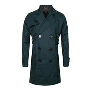 Kids Double Breasted Trench Coat in dark navy cotton, featuring a notched lapel, six buttons and long sleeves.