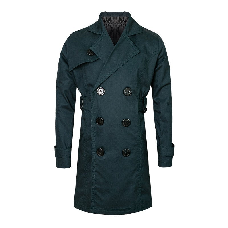 Kids Double Breasted Trench Coat in dark navy cotton, featuring a notched lapel, six buttons and long sleeves.