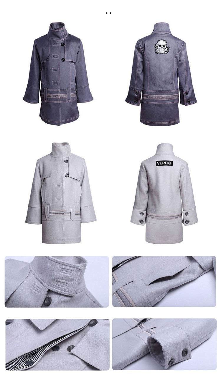 Girls high-neck coat in blue cotton blend and light gray wool blend for ages 3-10, double-breasted autumn winter style