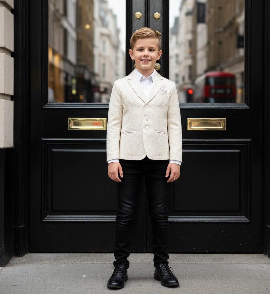 Boys gold jacquard blazer tailored slim-fit for formal occasions ages 8–12