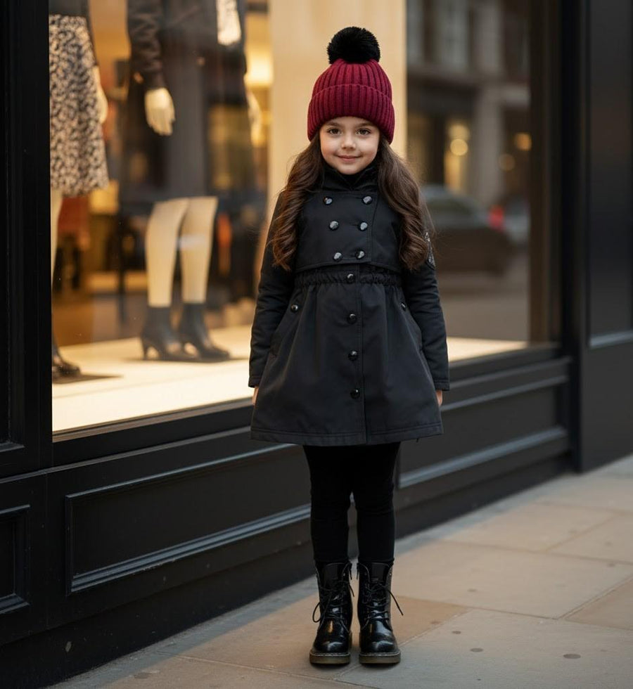 Girls autumn winter black cotton trench dress coat for ages 3-7, windproof and waterproof