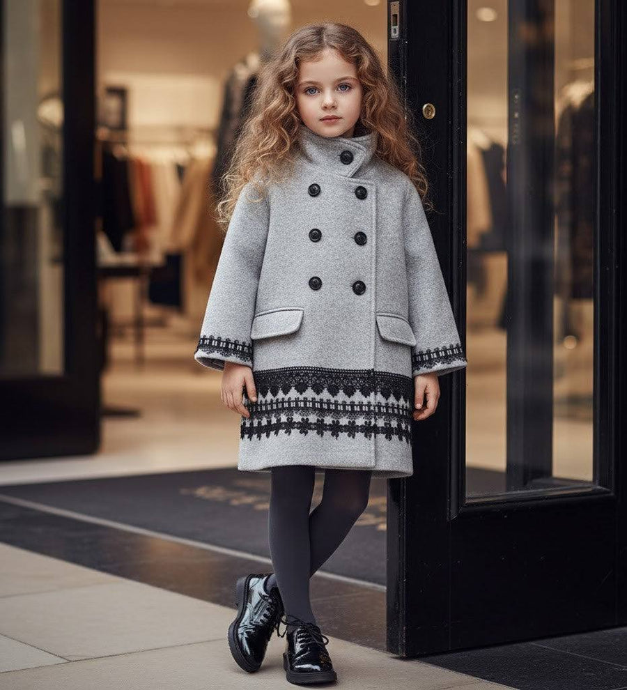 Grey vintage girls woolen coat with lace, doll-style jacket for ages 2-5 years